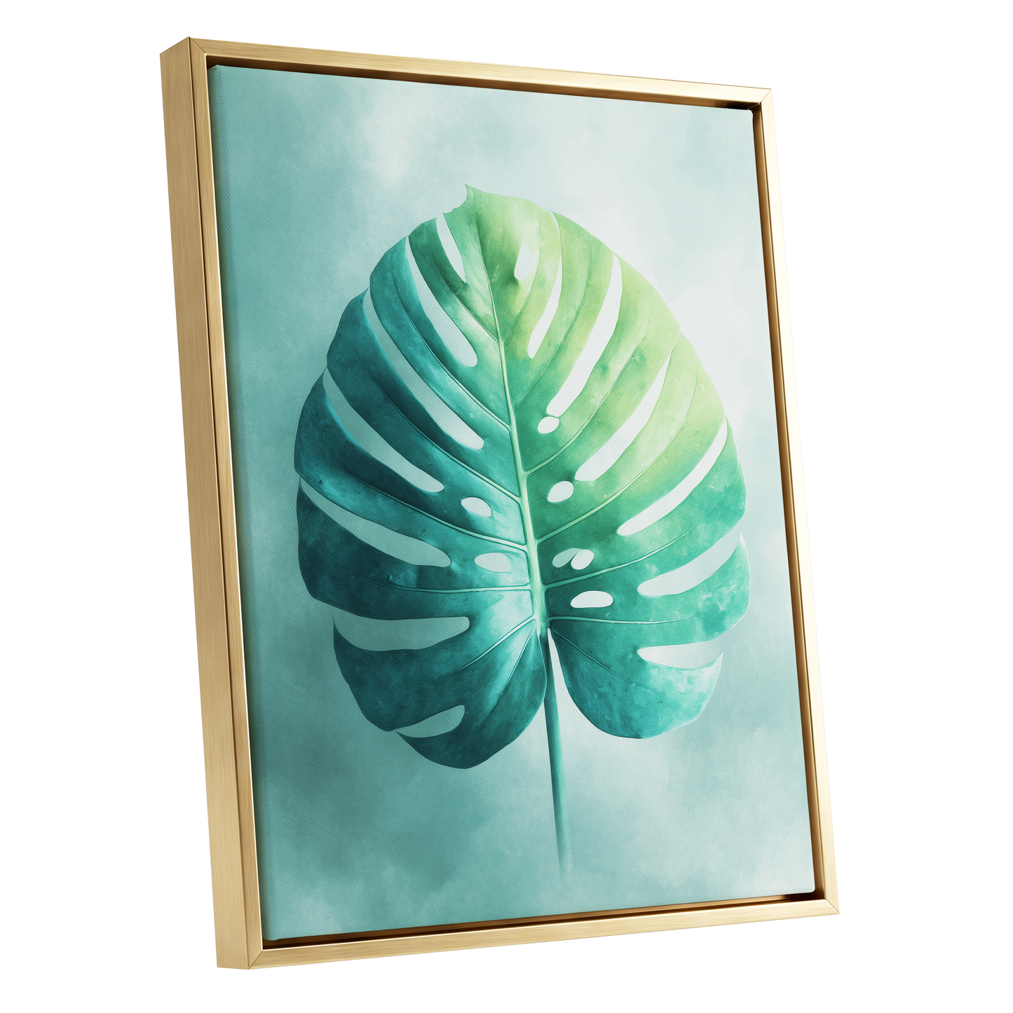 Mist-Kissed Monstera, green, blue, white nature wall art shown as a gold framed canvas wall art