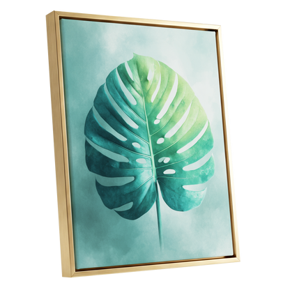 Mist-Kissed Monstera, green, blue, white nature wall art shown as a gold framed canvas wall art