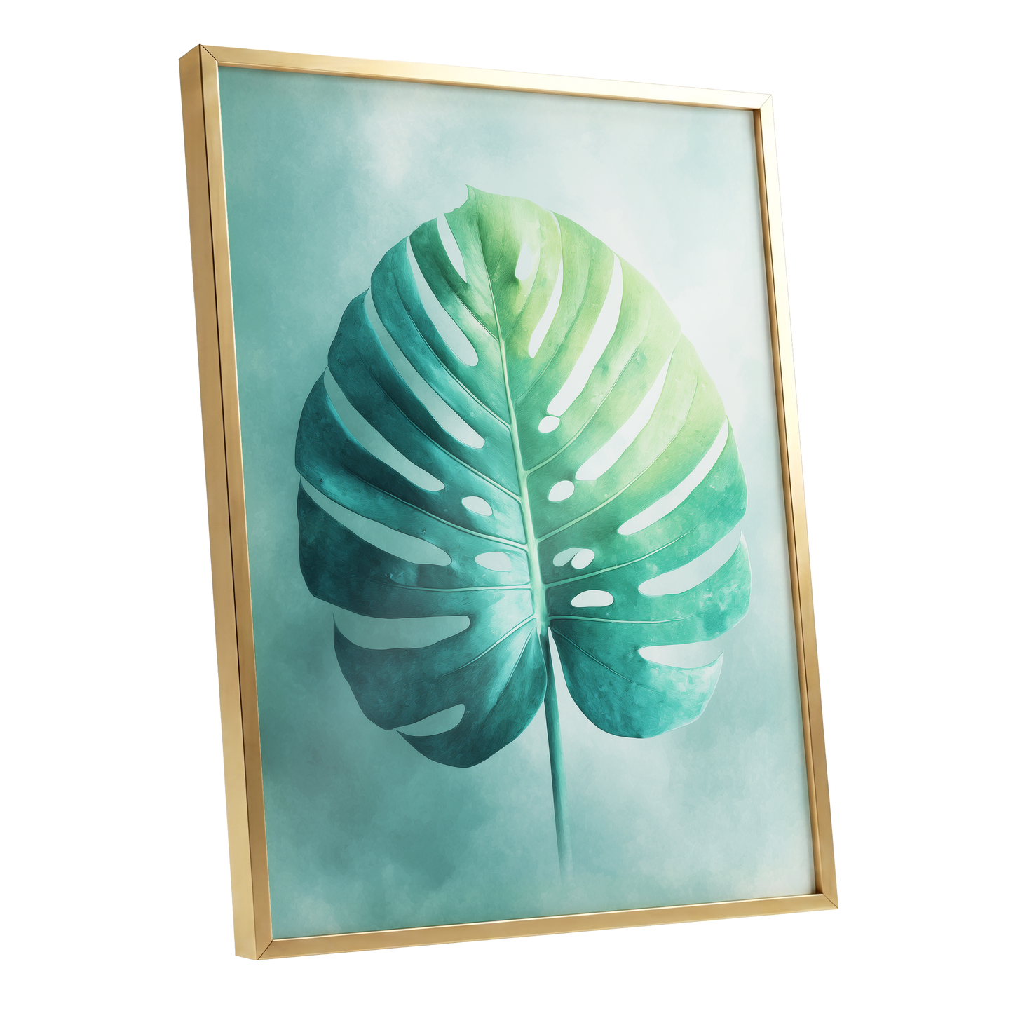 Mist-Kissed Monstera, green, blue, white nature wall art shown as a gold framed poster wall art print