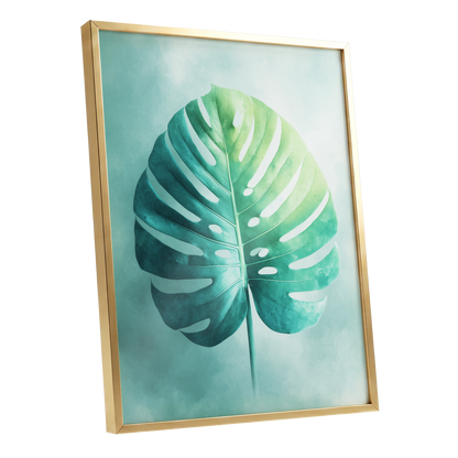 Mist-Kissed Monstera, green, blue, white nature wall art shown as a gold framed poster wall art print