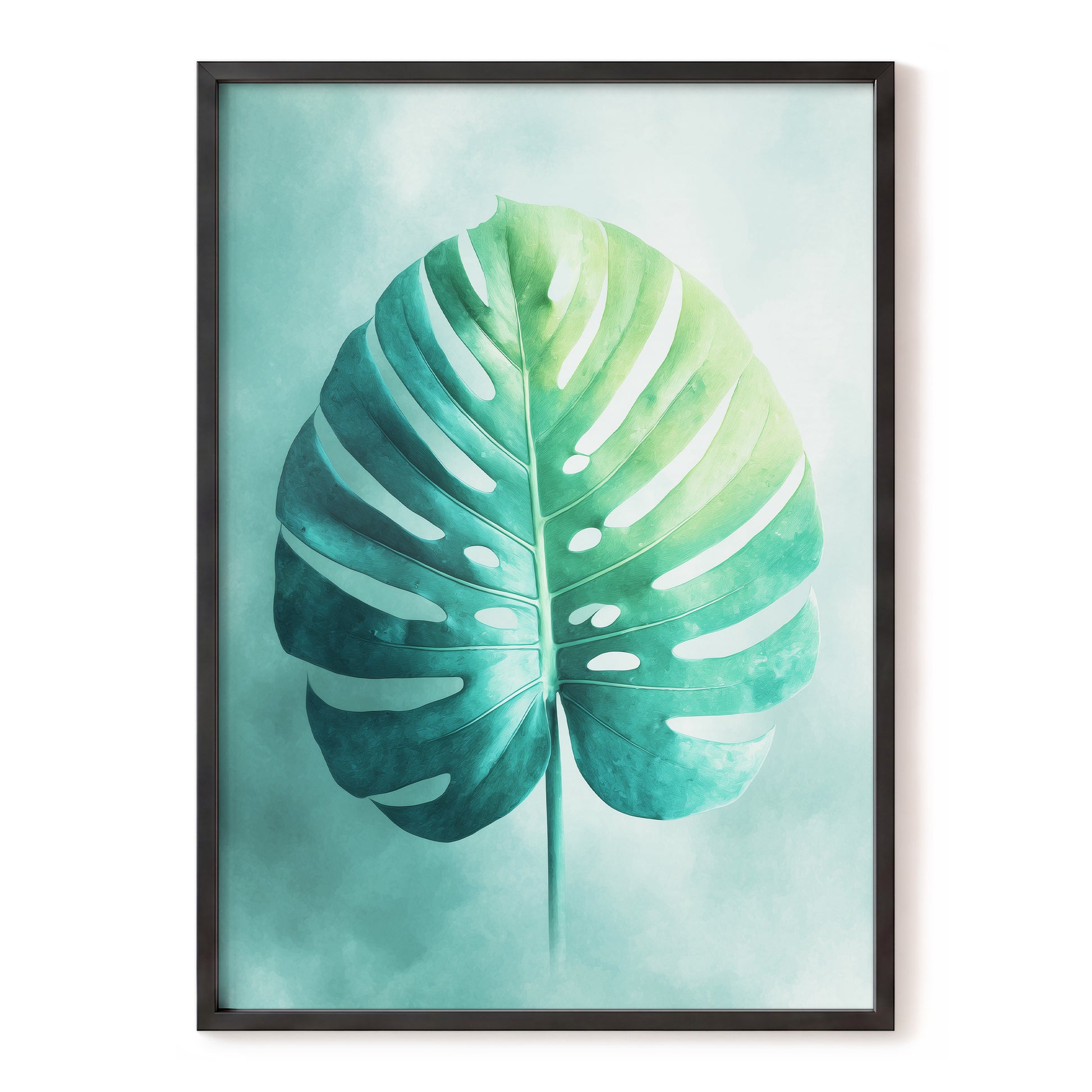 Mist-Kissed Monstera, green, blue, white nature wall art, front artwork view