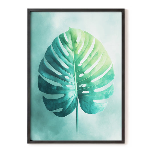 Mist-Kissed Monstera, green, blue, white nature wall art, front artwork view