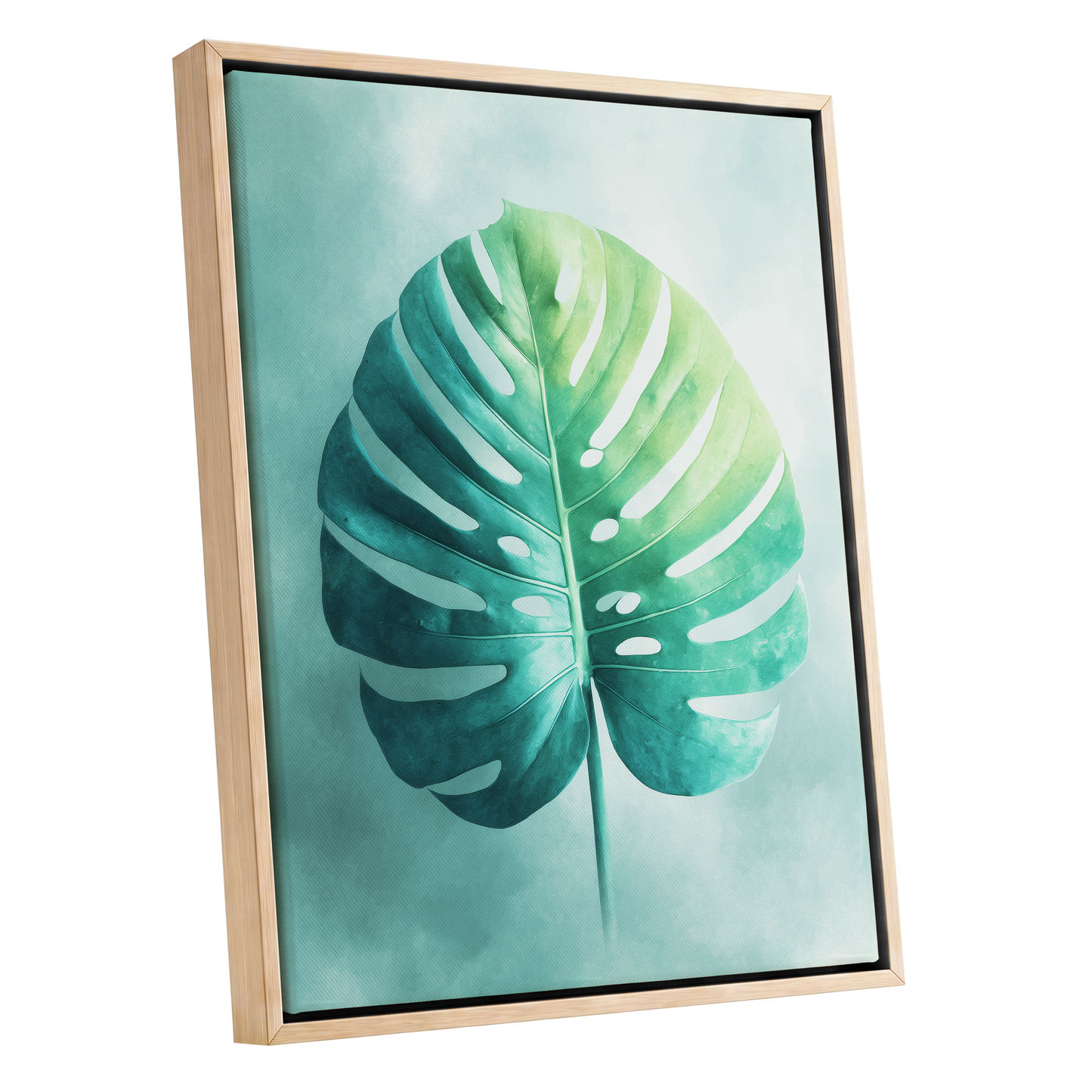 Mist-Kissed Monstera, green, blue, white nature wall art shown as a oak framed canvas wall art