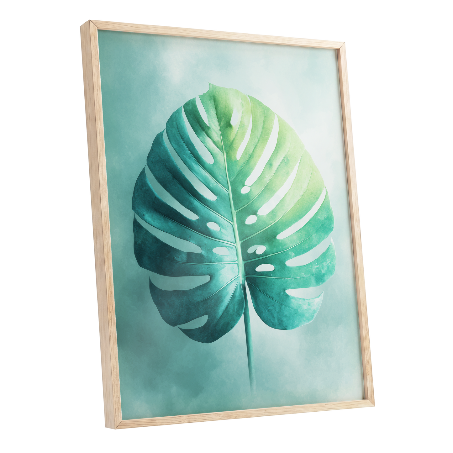 Mist-Kissed Monstera, green, blue, white nature wall art shown as a oak framed poster wall art print