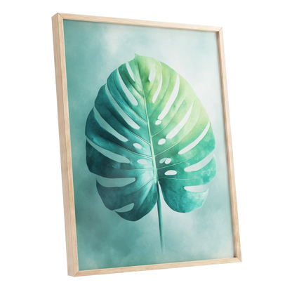 Mist-Kissed Monstera, green, blue, white nature wall art shown as a oak framed poster wall art print