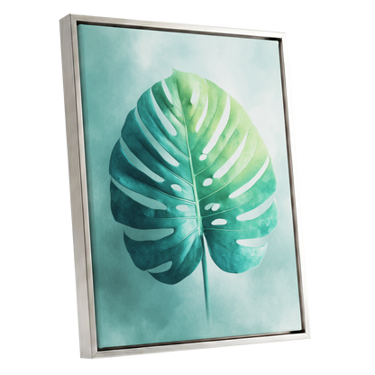 Mist-Kissed Monstera, green, blue, white nature wall art shown as a silver framed canvas wall art