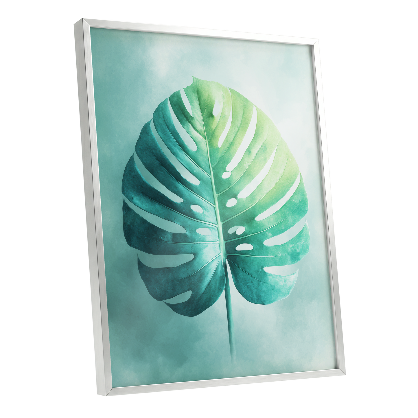 Mist-Kissed Monstera, green, blue, white nature wall art shown as a silver framed poster wall art print