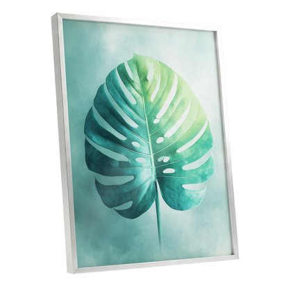 Mist-Kissed Monstera, green, blue, white nature wall art shown as a silver framed poster wall art print