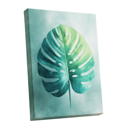 Mist-Kissed Monstera, green, blue, white nature wall art shown as a stretched canvas wall art