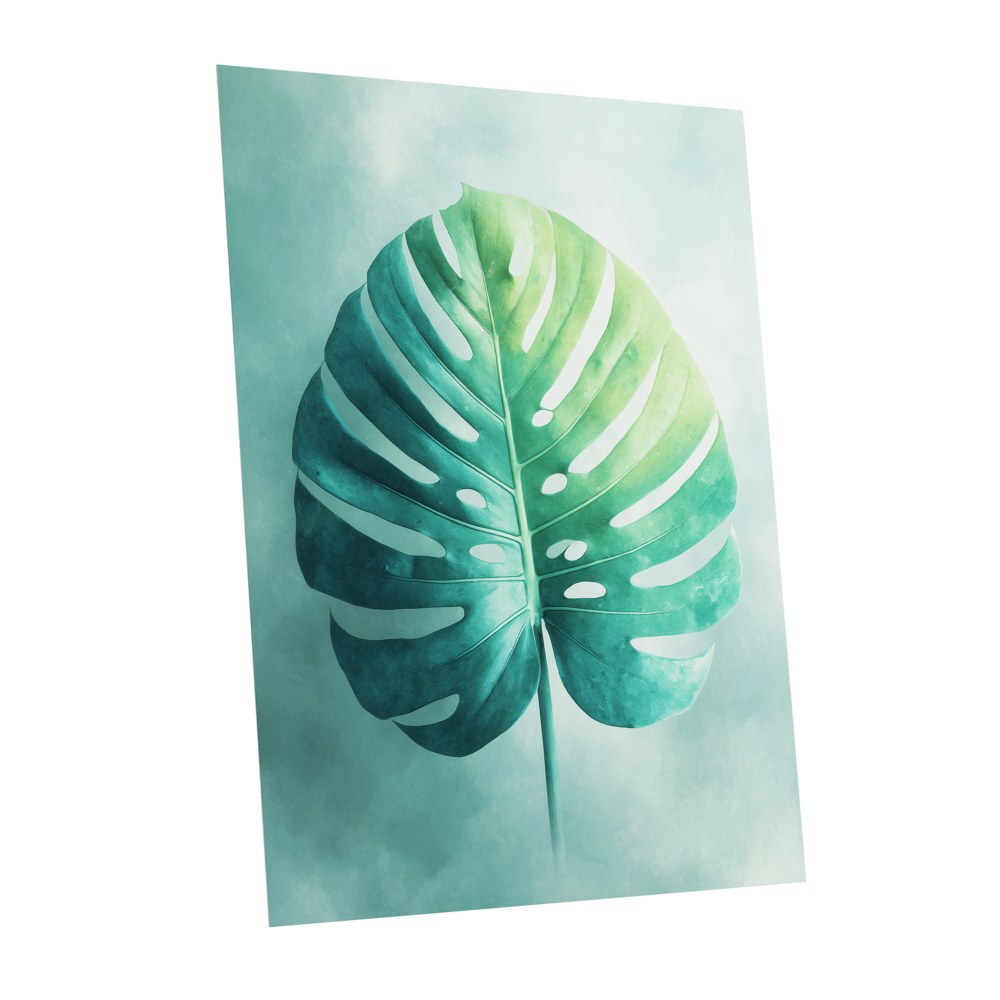 Mist-Kissed Monstera, green, blue, white nature wall art shown as a unframed poster wall art print