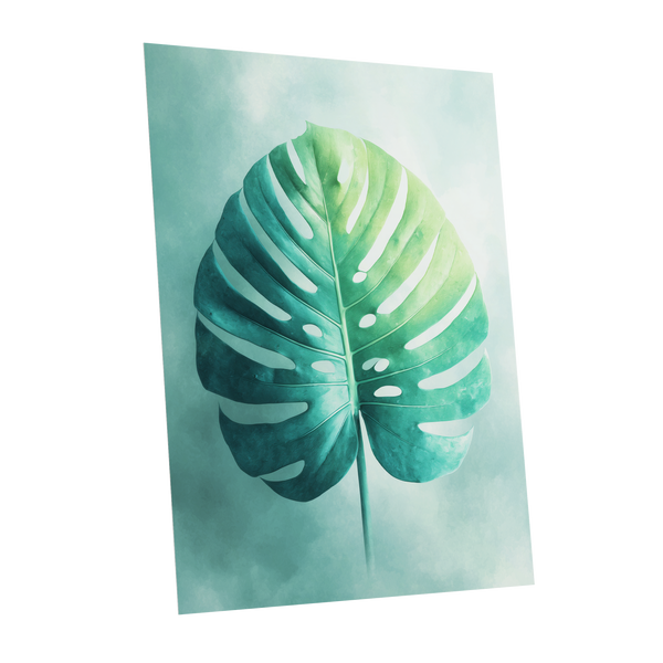 Mist-Kissed Monstera, green, blue, white nature wall art shown as a unframed poster wall art print