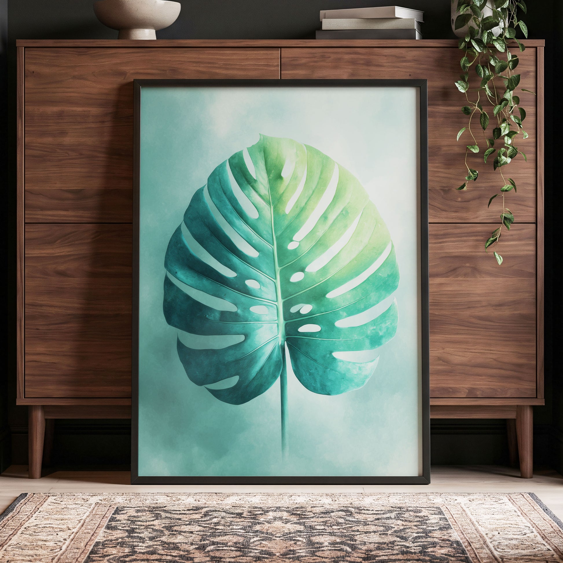 Mist-Kissed Monstera, green, blue, white nature wall art displayed in a styled interior, gallery view 2