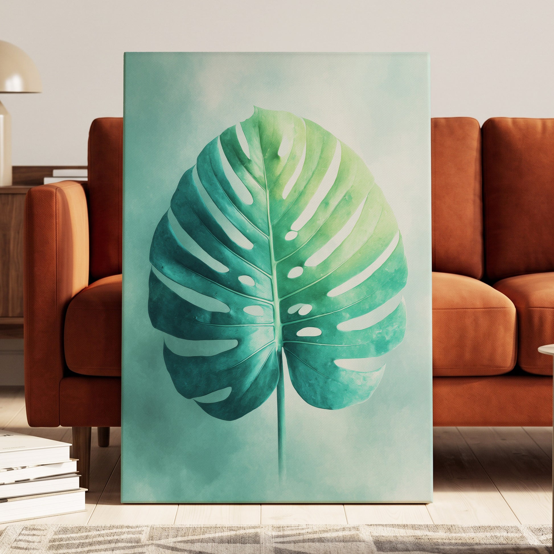 Mist-Kissed Monstera, green, blue, white nature wall art displayed in a styled interior, gallery view 3