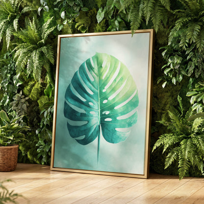 Mist-Kissed Monstera, green, blue, white nature wall art displayed in a styled interior, gallery view 4