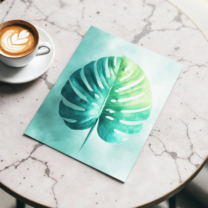Mist-Kissed Monstera, green, blue, white nature wall art displayed in a styled interior, gallery view 5