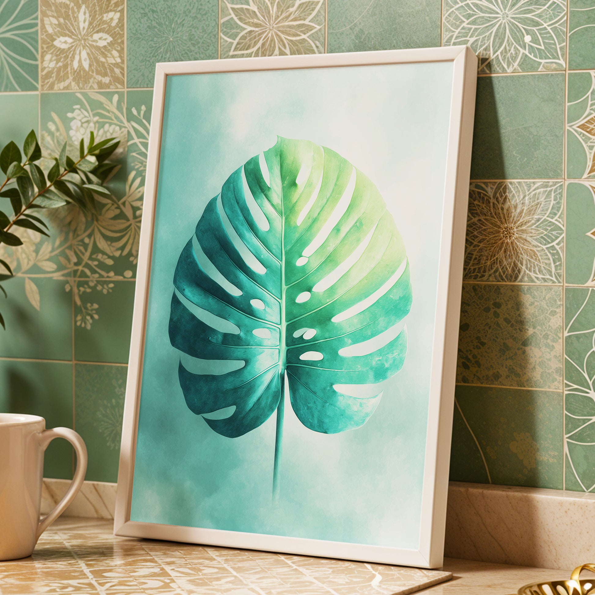 Mist-Kissed Monstera, green, blue, white nature wall art displayed in a styled interior, gallery view 6