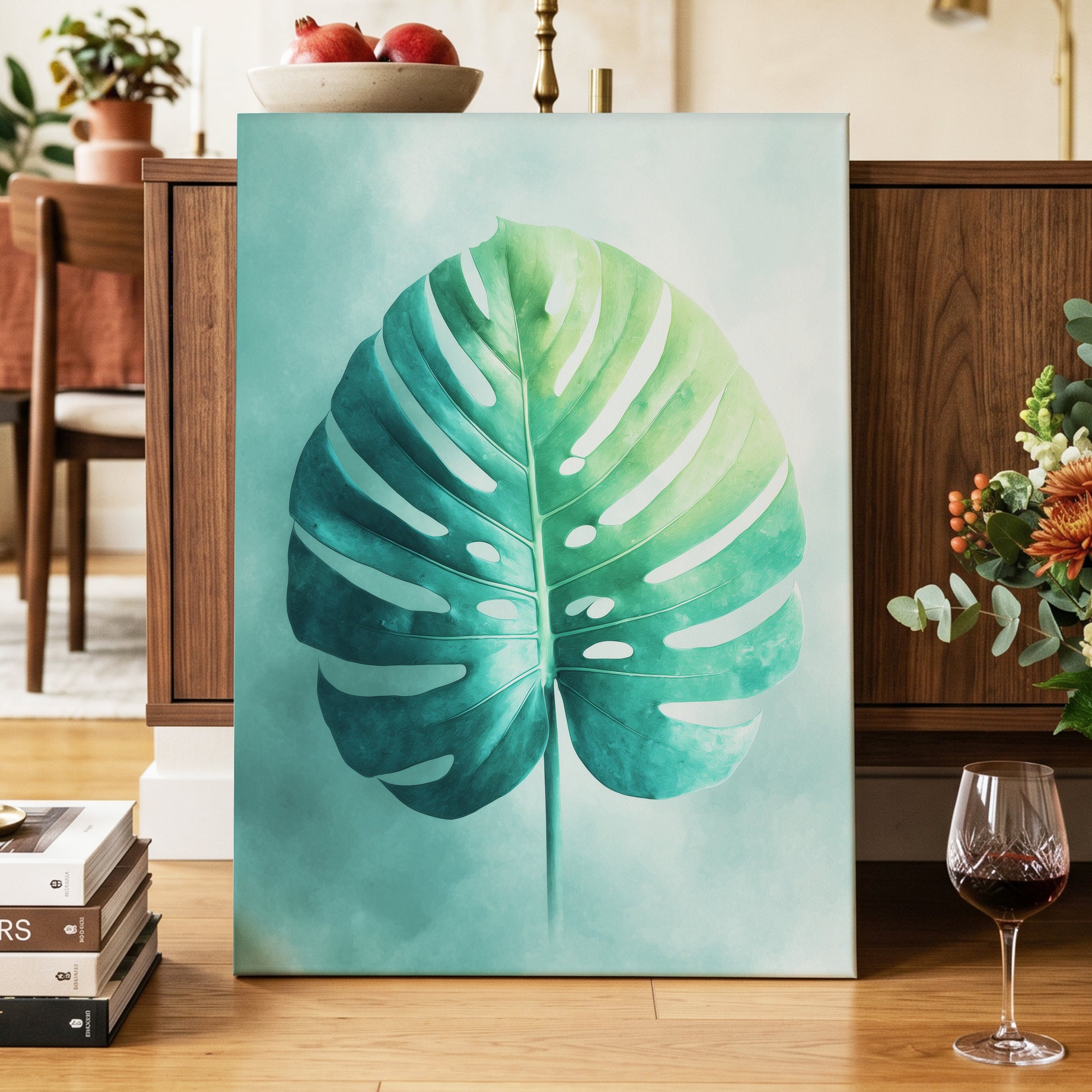 Mist-Kissed Monstera, green, blue, white nature wall art displayed in a styled interior, gallery view 7