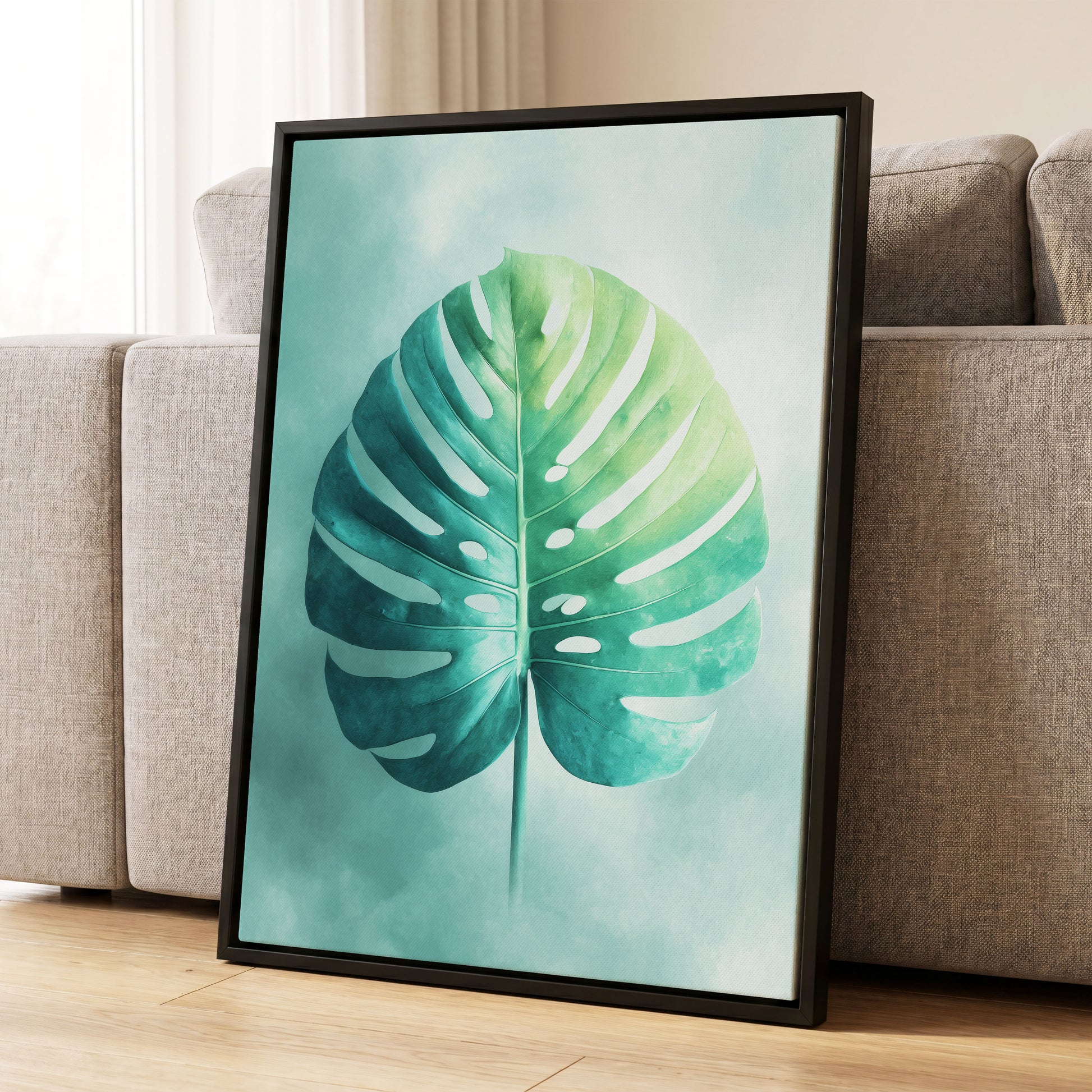 Mist-Kissed Monstera, green, blue, white nature wall art displayed in a styled interior, gallery view 8