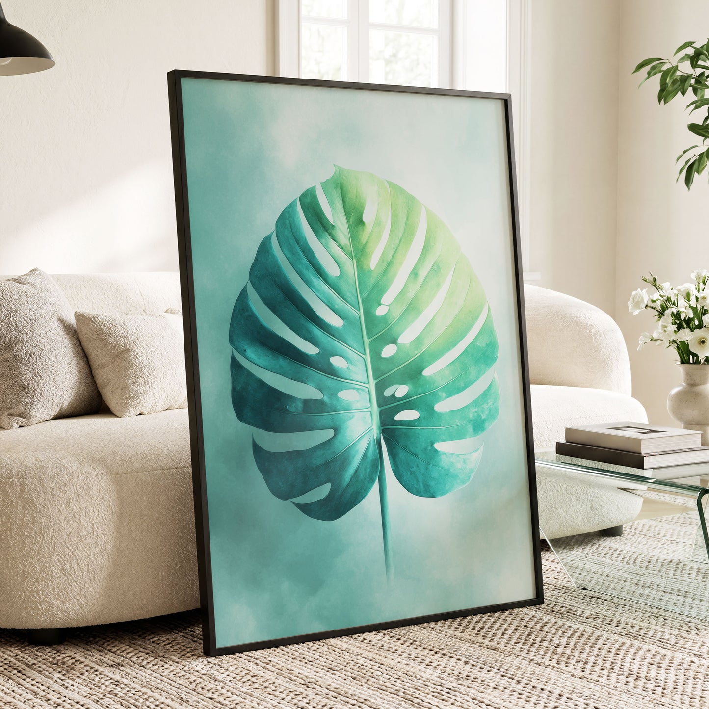 Mist-Kissed Monstera, green, blue, white nature wall art displayed in a styled interior, gallery view 9