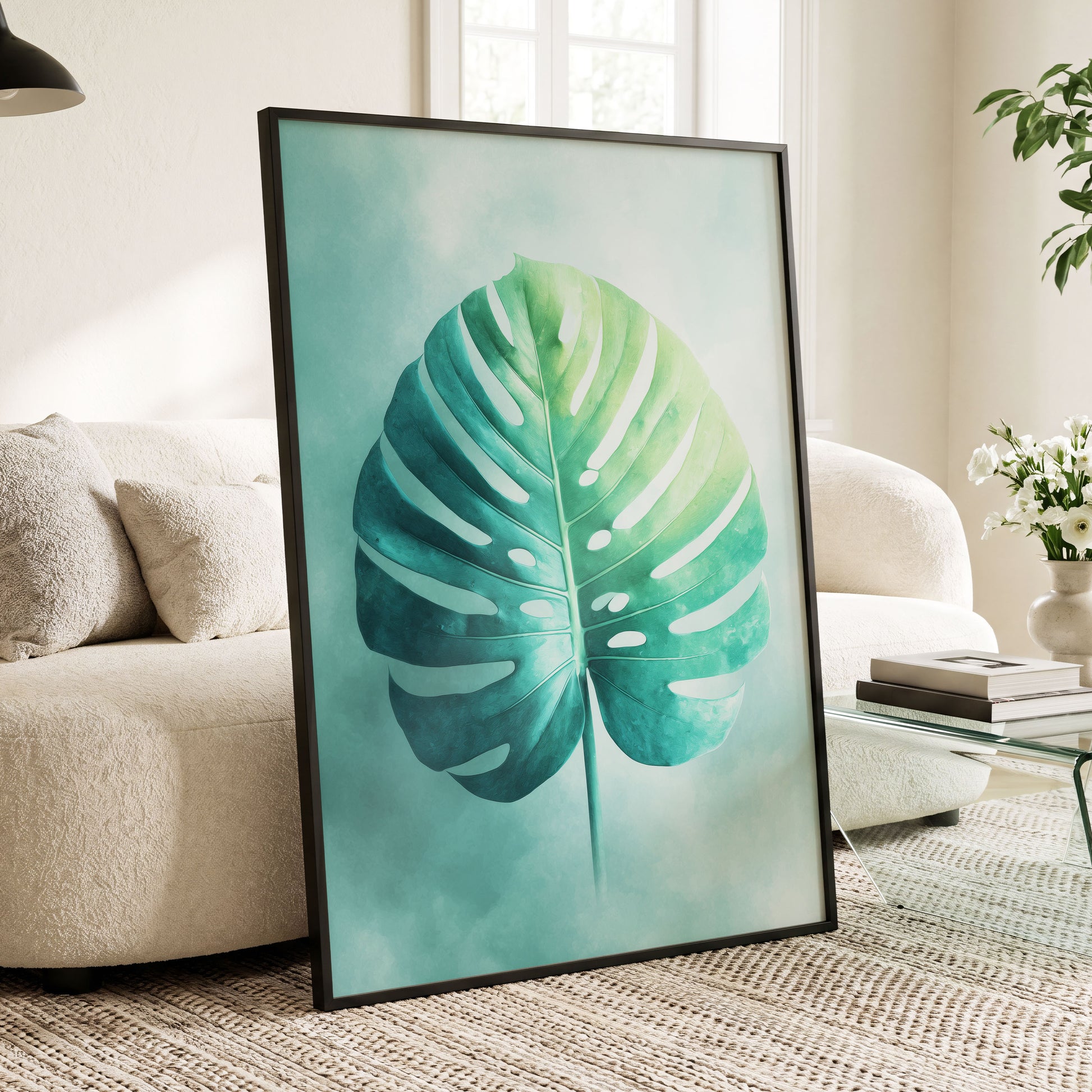 Mist-Kissed Monstera, green, blue, white nature wall art displayed in a styled interior, gallery view 9