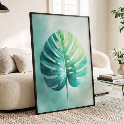 Mist-Kissed Monstera, green, blue, white nature wall art displayed in a styled interior, gallery view 9