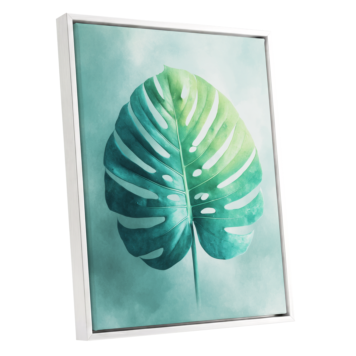 Mist-Kissed Monstera, green, blue, white nature wall art shown as a white framed canvas wall art