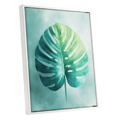 Mist-Kissed Monstera, green, blue, white nature wall art shown as a white framed canvas wall art