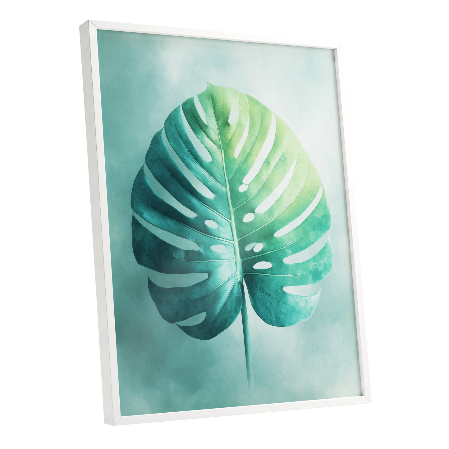 Mist-Kissed Monstera, green, blue, white nature wall art shown as a white framed poster wall art print