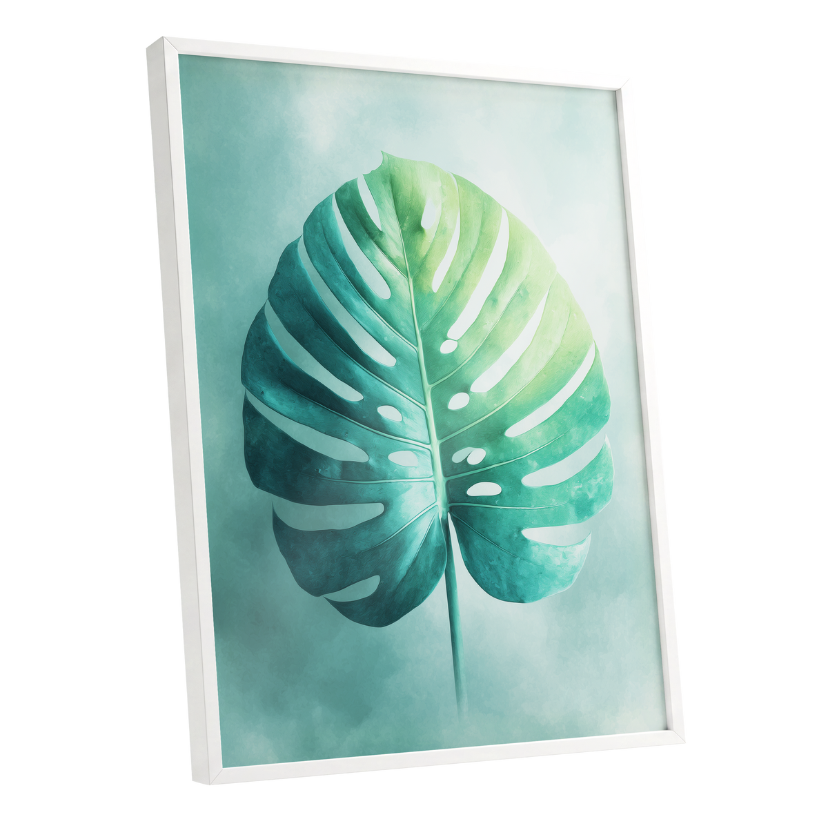 Mist-Kissed Monstera, green, blue, white nature wall art shown as a white framed poster wall art print
