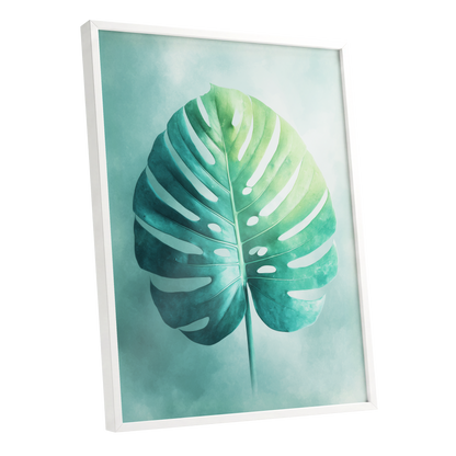 Mist-Kissed Monstera, green, blue, white nature wall art shown as a white framed poster wall art print