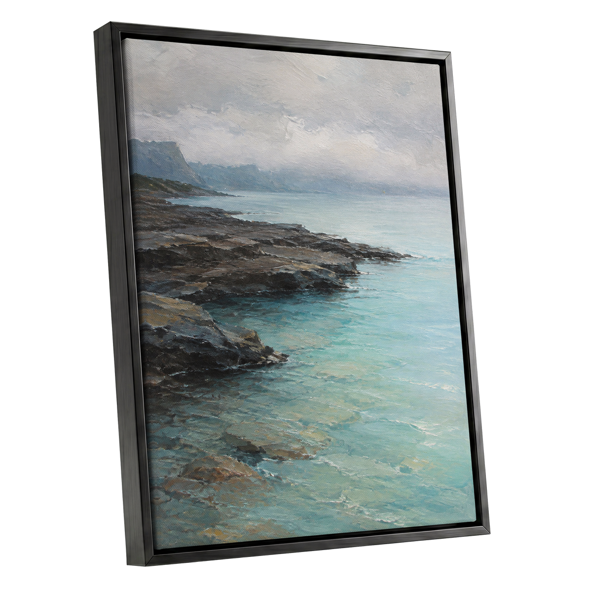 Mistbound Shore, blue, gray, brown nature wall art shown as a black framed canvas wall art