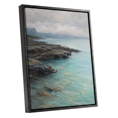 Mistbound Shore, blue, gray, brown nature wall art shown as a black framed canvas wall art