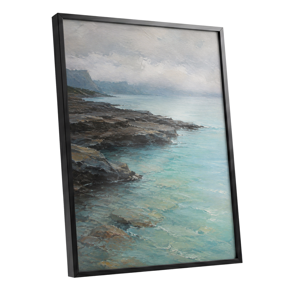 Mistbound Shore, blue, gray, brown nature wall art shown as a black framed poster wall art print