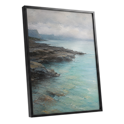 Mistbound Shore, blue, gray, brown nature wall art shown as a black framed poster wall art print