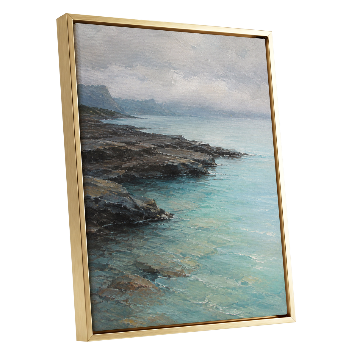 Mistbound Shore, blue, gray, brown nature wall art shown as a gold framed canvas wall art