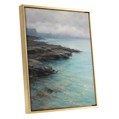 Mistbound Shore, blue, gray, brown nature wall art shown as a gold framed canvas wall art