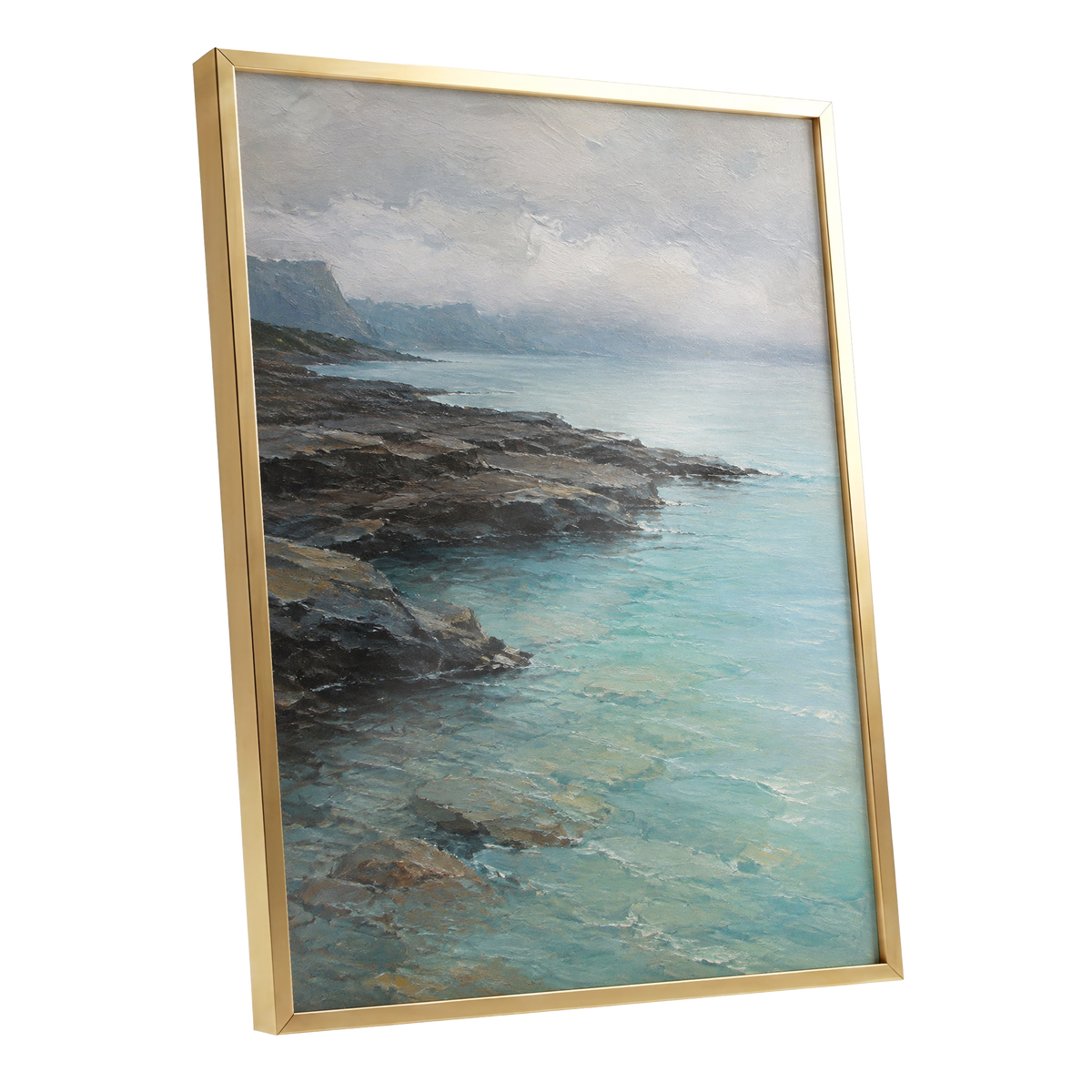 Mistbound Shore, blue, gray, brown nature wall art shown as a gold framed poster wall art print
