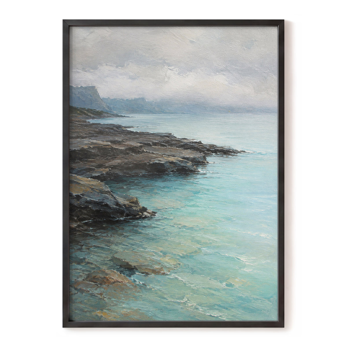 Mistbound Shore, blue, gray, brown nature wall art, front artwork view