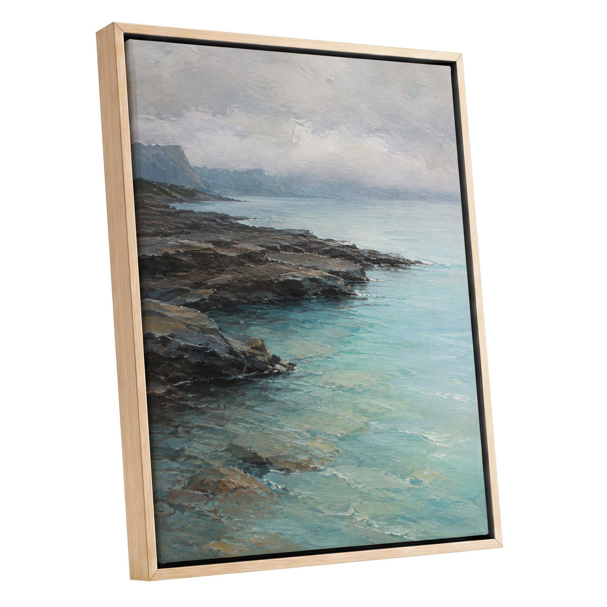 Mistbound Shore, blue, gray, brown nature wall art shown as a oak framed canvas wall art