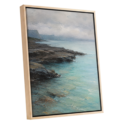 Mistbound Shore, blue, gray, brown nature wall art shown as a oak framed canvas wall art
