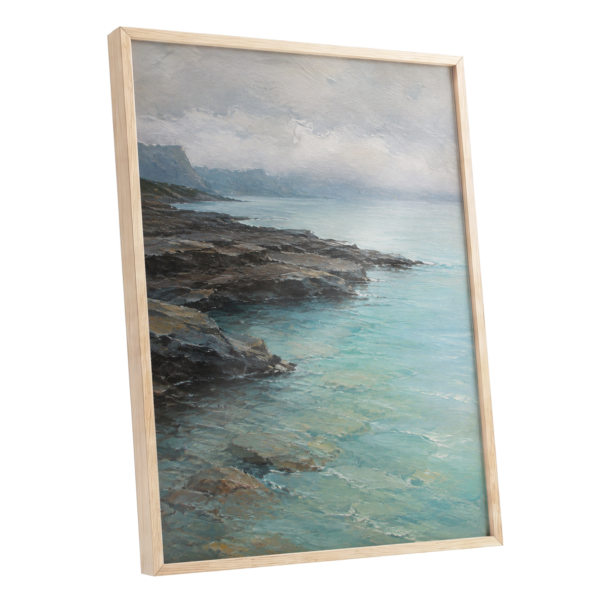 Mistbound Shore, blue, gray, brown nature wall art shown as a oak framed poster wall art print