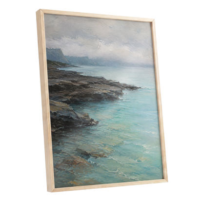 Mistbound Shore, blue, gray, brown nature wall art shown as a oak framed poster wall art print