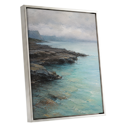 Mistbound Shore, blue, gray, brown nature wall art shown as a silver framed canvas wall art