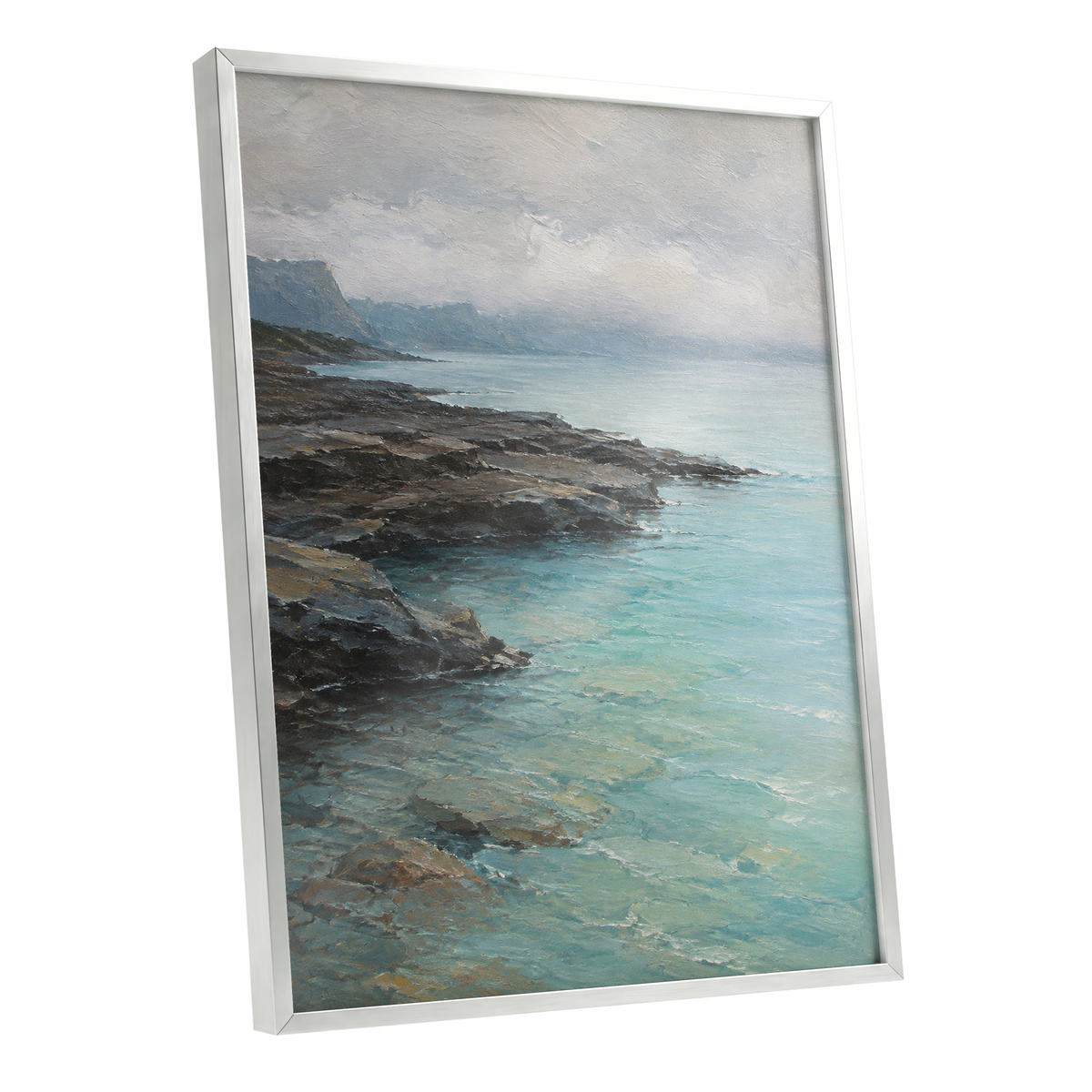 Mistbound Shore, blue, gray, brown nature wall art shown as a silver framed poster wall art print