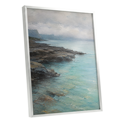 Mistbound Shore, blue, gray, brown nature wall art shown as a silver framed poster wall art print