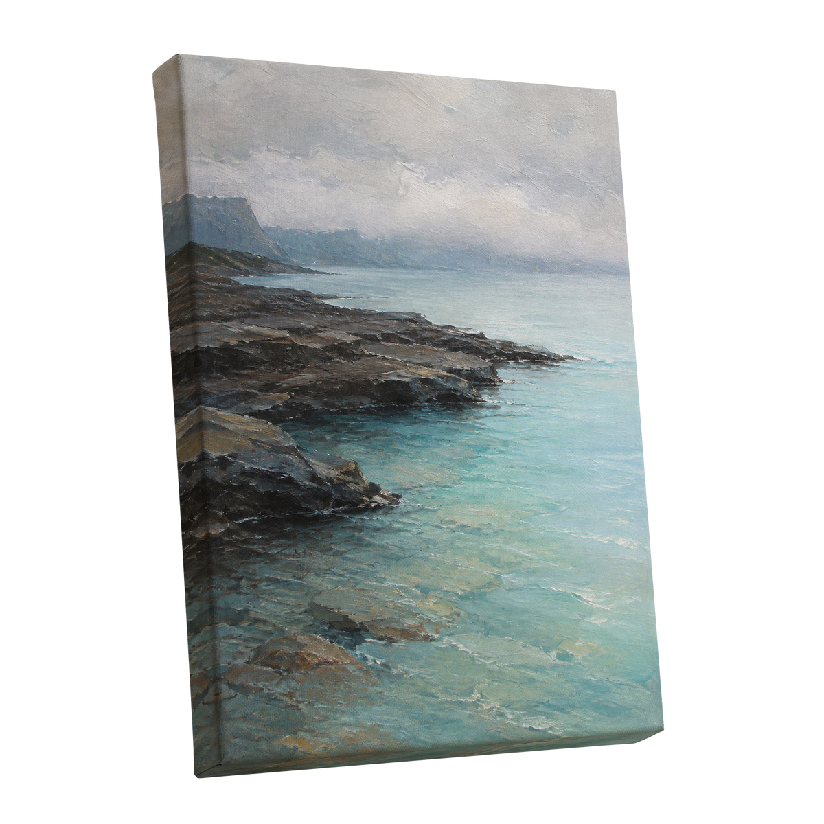 Mistbound Shore, blue, gray, brown nature wall art shown as a stretched canvas wall art