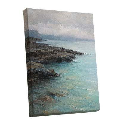 Mistbound Shore, blue, gray, brown nature wall art shown as a stretched canvas wall art