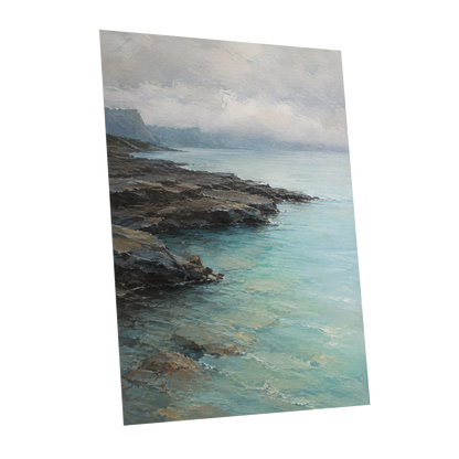 Mistbound Shore, blue, gray, brown nature wall art shown as a unframed poster wall art print