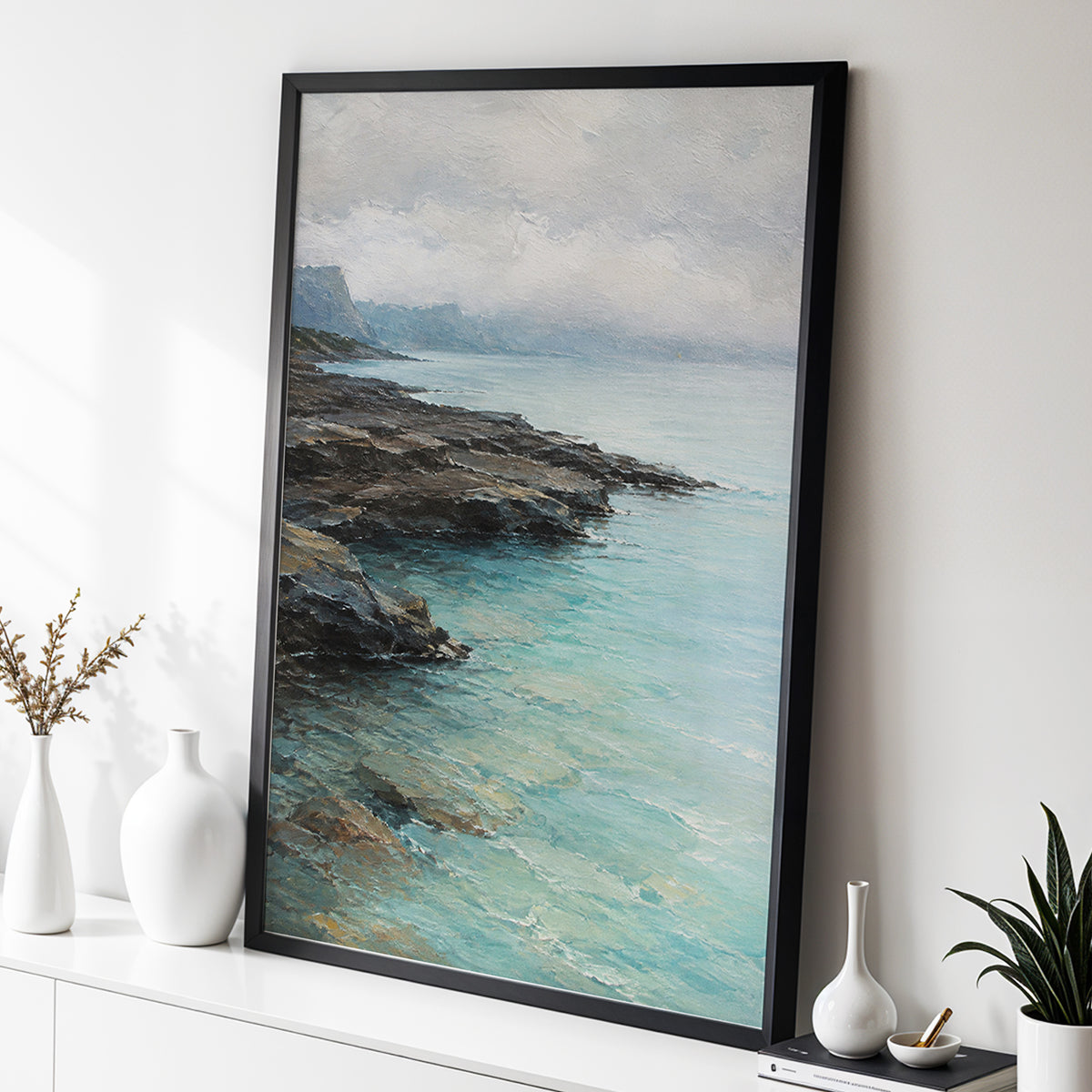 Mistbound Shore, blue, gray, brown nature wall art displayed in a styled interior, gallery view 2