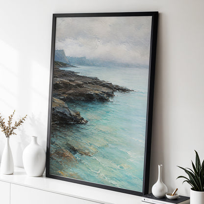 Mistbound Shore, blue, gray, brown nature wall art displayed in a styled interior, gallery view 2